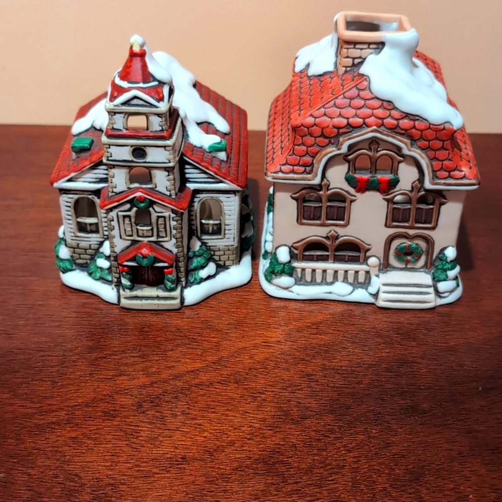 Set of two vintage Lefton Colonial Village Christmas Church and House